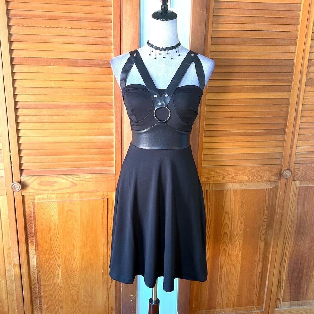 Jawbreaker Goth Punk Alt Emo Pin Up Faux Leather Strap Mini Dress XS